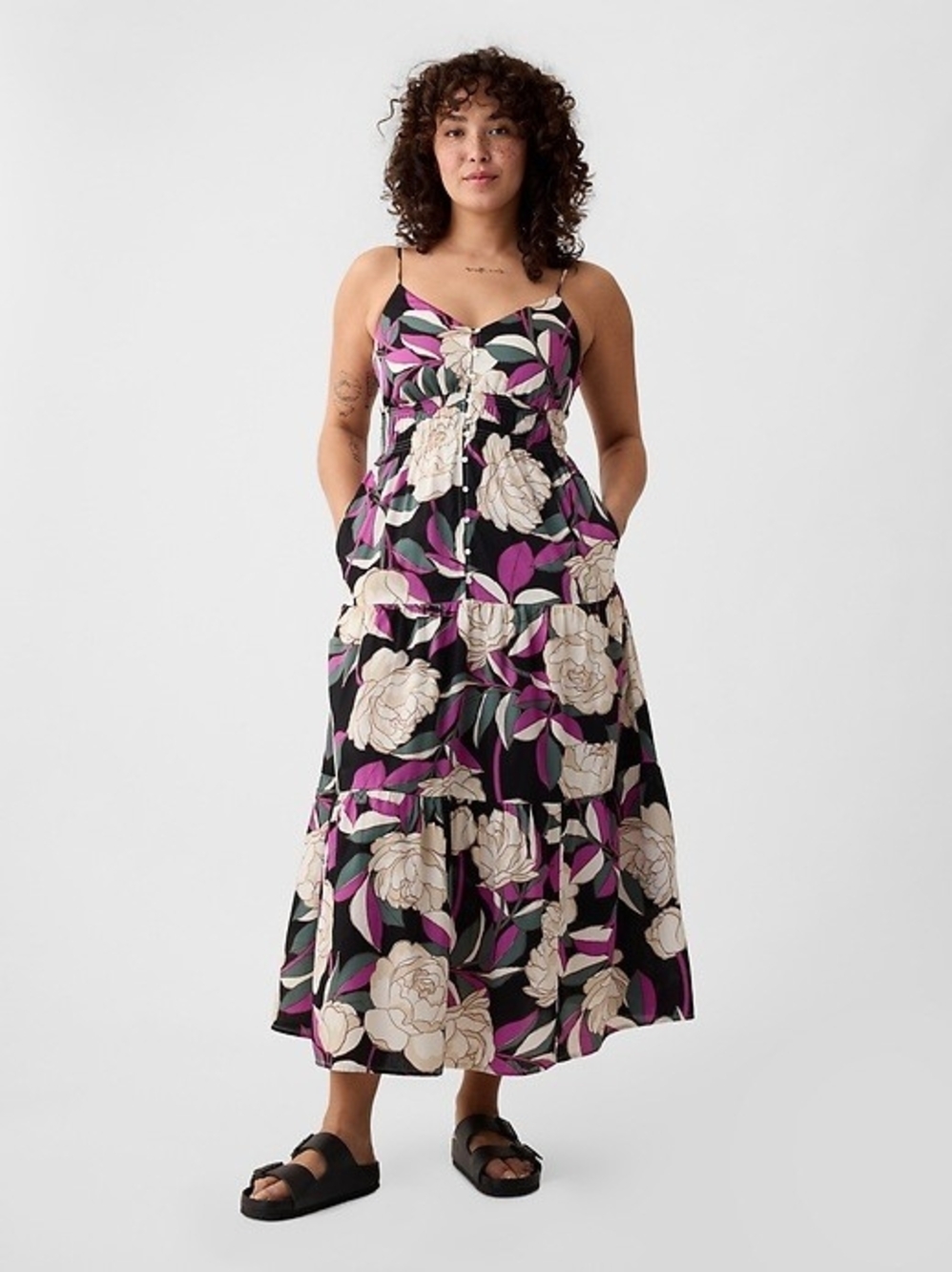 Gap Floral Tiered Maxi Dress with Spaghetti Straps - Black/Purple